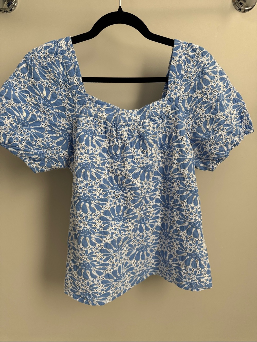 LOFT Light Blue Floral Eyelet bubble sleeve Square Neck Blouse